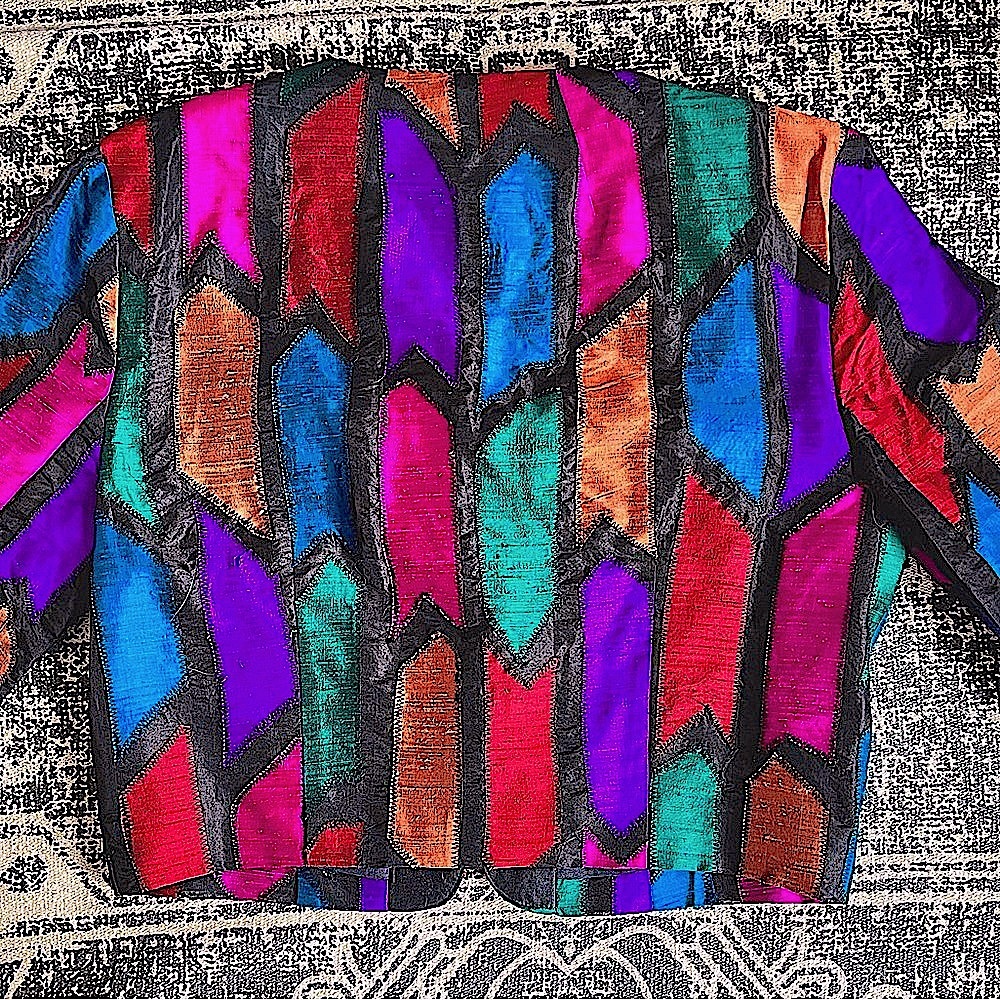 🌈VTG 80’s Geometric Color-Block 100% Silk Blazer Jacket: Size 10 - Picture 2 of 7